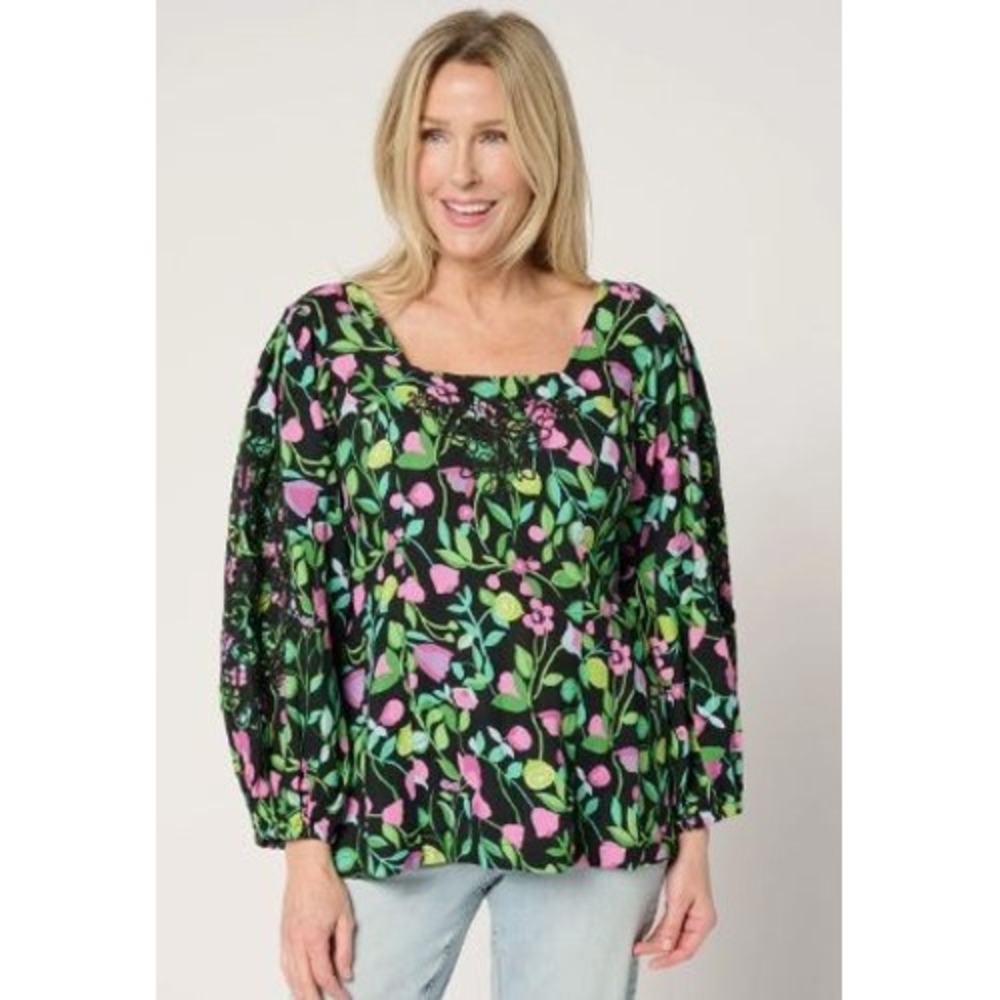 Susan Graver Size Large Top Blouse Black Pure Cotton Embroidered Floral Lime